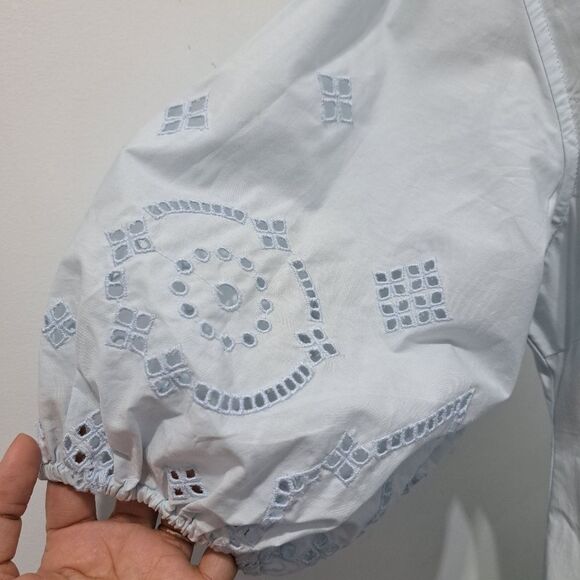 Ganni Broderie Anglaise Puff Sleeve Organic Cotton Mini Dress Illusion Blue S 42 - Picture 15 of 17